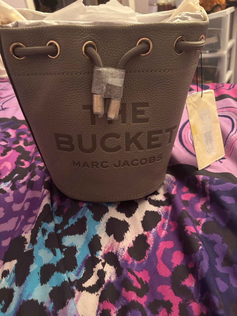 Marc Jacobs Cement Leather Drawstring Bucket Bag